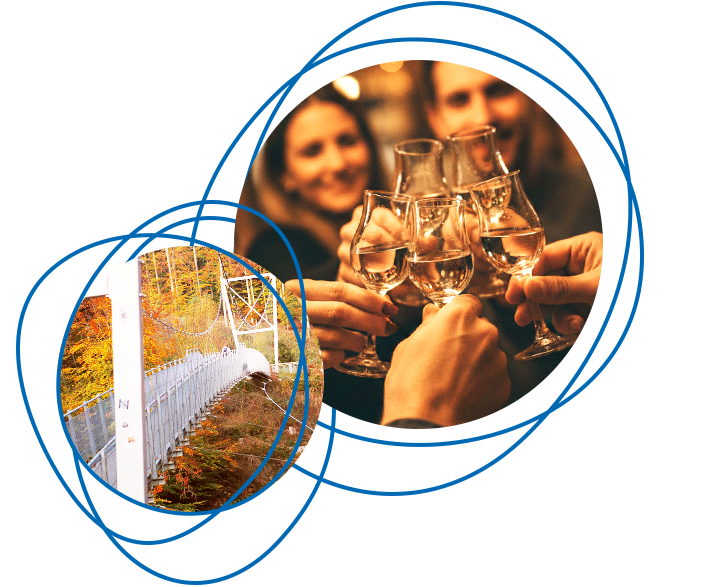 Menschen bei einer Schnapsprobe und ein Bild der Irreler Hängebrücke.